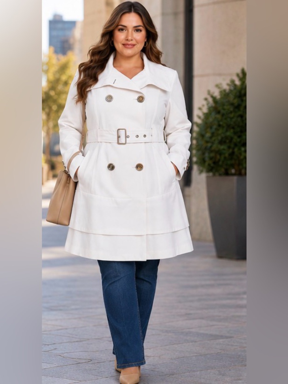 Guess light trench coat. Double-breasted, lapel collar tiered back White. NWOT L